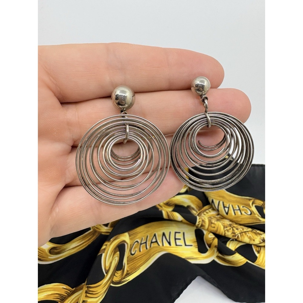 80's Modernist Silver tone Metal Swirl Earrings - Pierced
